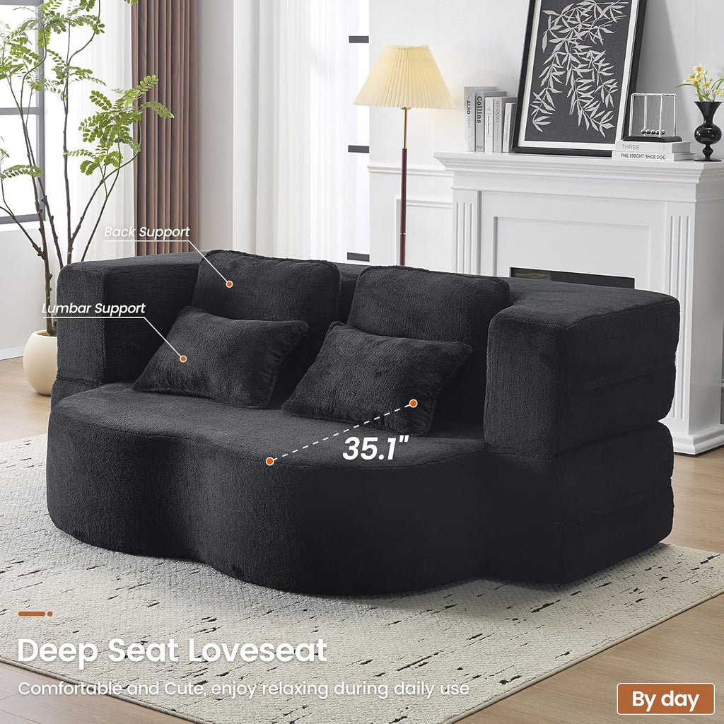 78” Folding Sleeper Sofa Bed, Full Size Boneless Couch, Black | Convertible Loveseat, Deep Seat, Soft Chenille, 4 Pillows, No Assembly Required, for Guest Living Room Bedroom