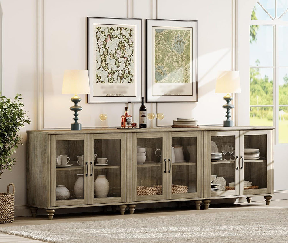 WAMAPT Farmhouse Sideboard Credenza with 6 Glass Doors, Large Coffee Bar Tabl...