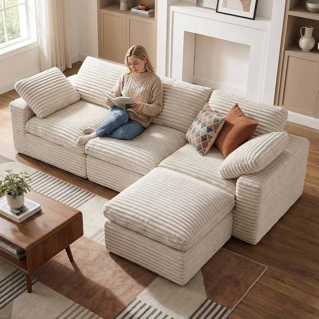 KKL 118" Modular Sectional Sofa, Cloud Sectional Couch L-Shaped with Ottoman, Corduroy Boneless Couch for Living Room Bedroom, Deep-Seat Upholstered Modular Cloud Sofa, No Assembly Required, Beige