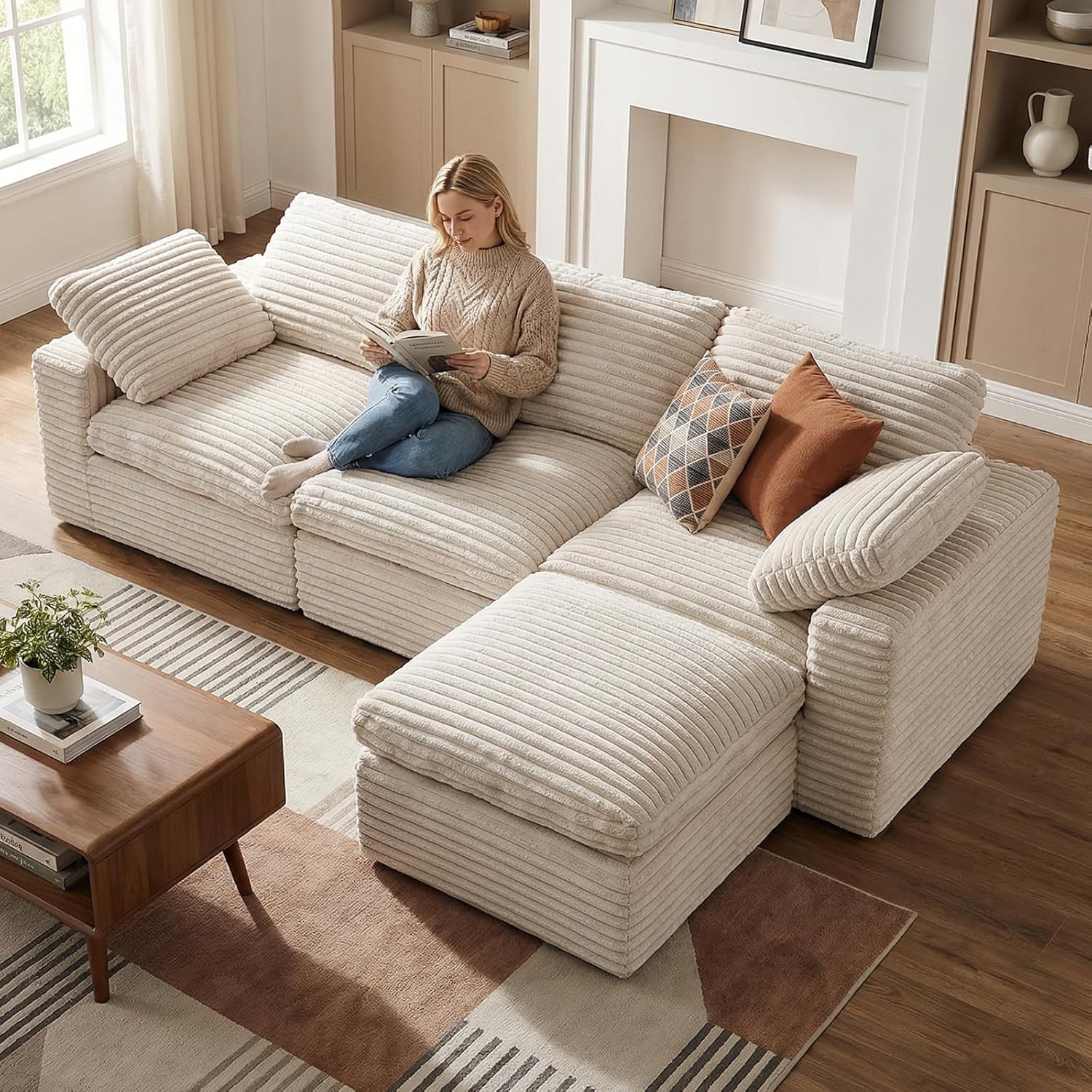 KKL 118" Modular Sectional Sofa, Cloud Sectional Couch L-Shaped with Ottoman, Corduroy Boneless Couch for Living Room Bedroom, Deep-Seat Upholstered Modular Cloud Sofa, No Assembly Required, Beige
