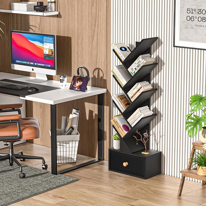 8 Tier Tree Bookshelf with Drawer, Free Standing Wood Bookcase for Living Roo...