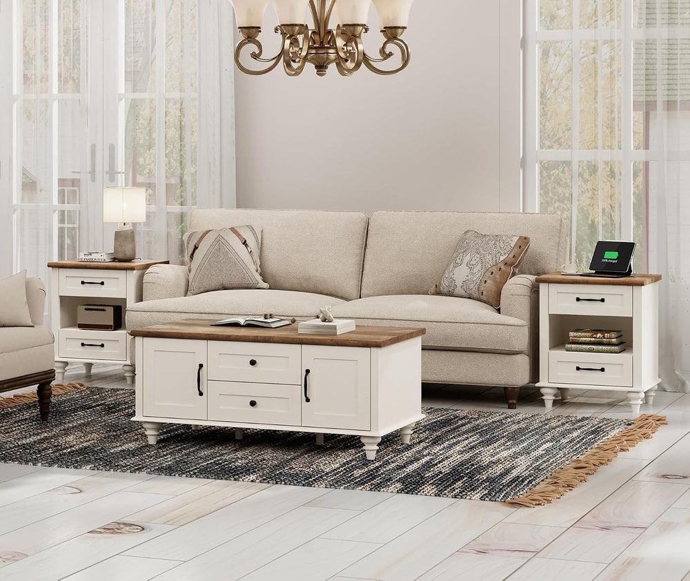WAMPAT White Coffee Table Set of 3, One Wood Center Table with Drawers, 2 End...