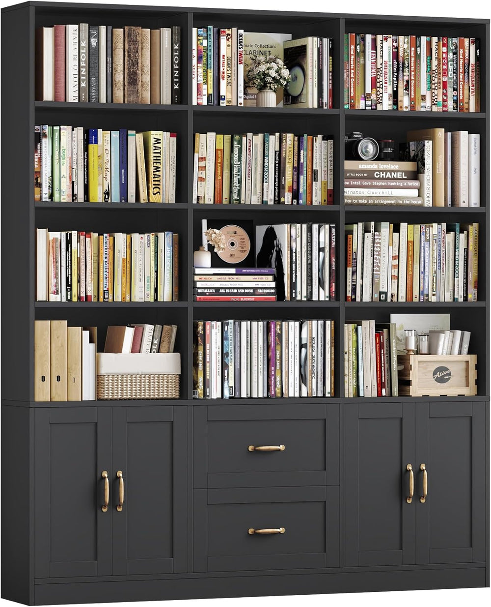 HOSTACK 71" Tall Triple Wide Bookshelf with Storage Drawers & Doors,...