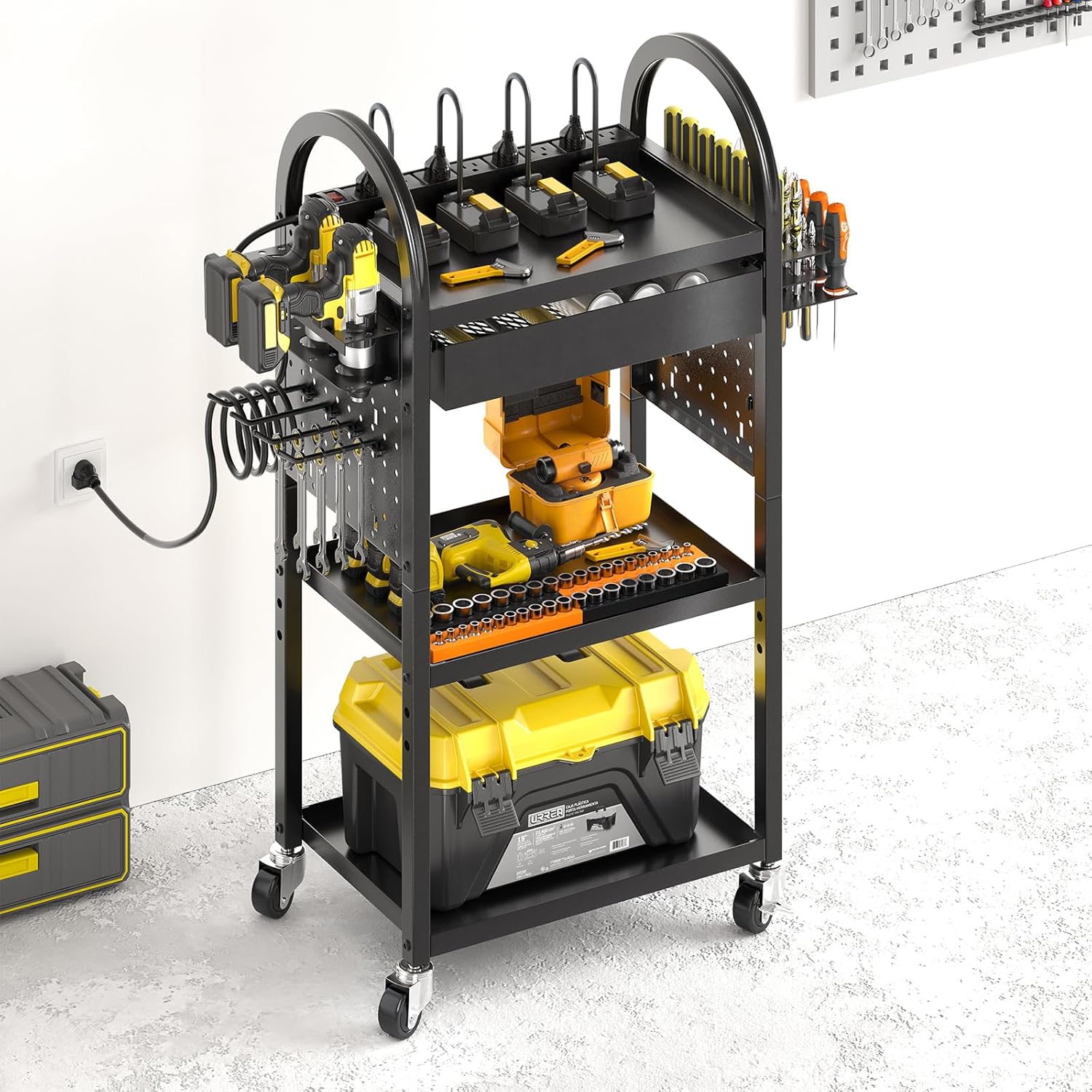 Warome Power Tool Organizer Cart, Dual-Sided Drawer Tool Storage Rack on Wheels with 8-Outlet Charging Station & Pegboard Accessaries, Utility Rolling Cart for Garage Workshop Organizers and Storage