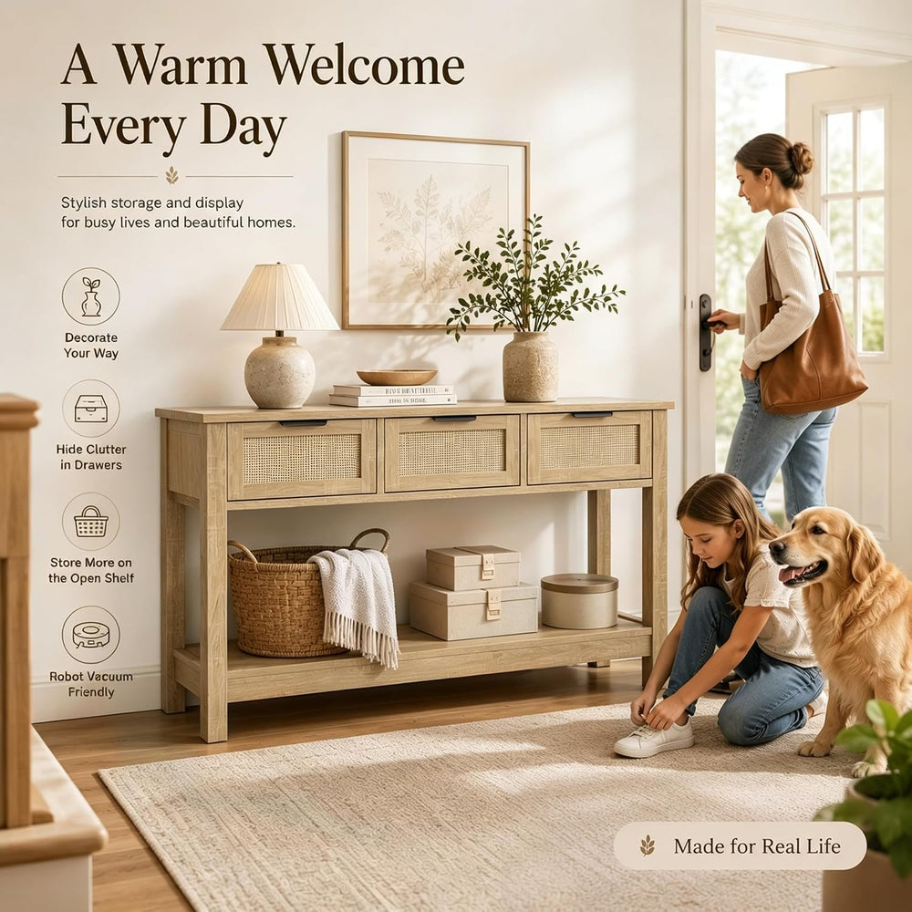Luoxiao Rattan Console Table 3-Drawer 47" Narrow Wood Entryway Sofa Tabl...
