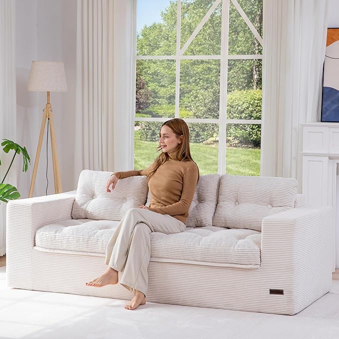 MAXYOYO 79" Loveseat Sofa Couch for Small Spaces, Upholstered Boneless Cloud Couch for Apartment Bedroom, 2-Seater Love Seat Floor Modern Sofa with Pillows, No Assembly Required, Beige