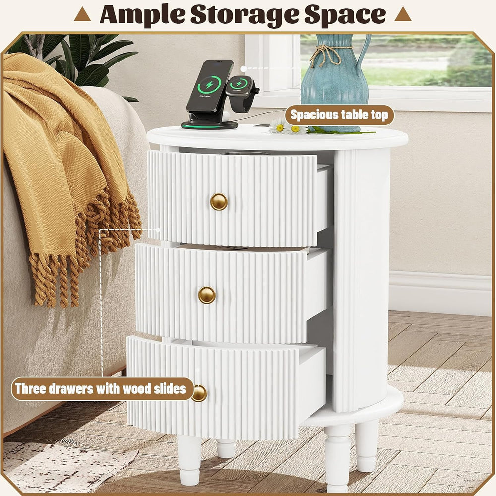 Mirightone Round End Table with Charging Station, Wood Side Table with Storag...