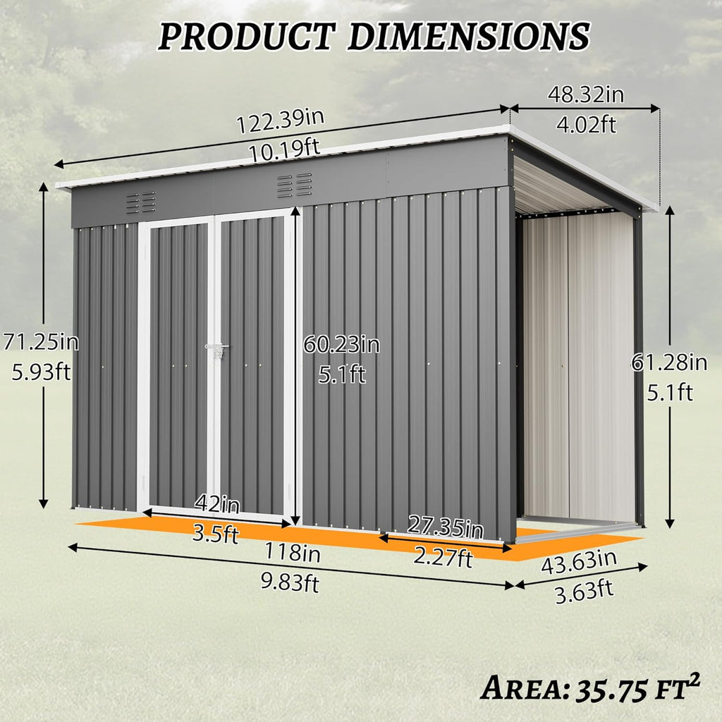 4'x10' Metal Shed Outdoor Storage Shed,Metal Steel Utility Tool Shed Storage House with Double Lockable Doors and Air Vent for Backyard Garden Patio Lawn Gray