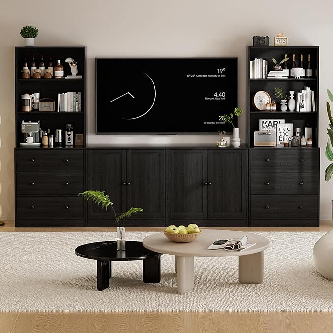 TUSY 71" Large TV Stand Set - TV Entertainment Center for TVs up to 65", Media Center with Tempered Glass Doors and Drawer, TV Hutch with Bookshelves for Living Room (Black, BCCB)