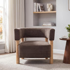 Christopher Knight Home Carly Low Profile Accent Chair, Boucle Upholstered Barrel Chair, Comfy Reading Chair for Bedroom, Wooden Single Lounge Sofa, Dark Brown