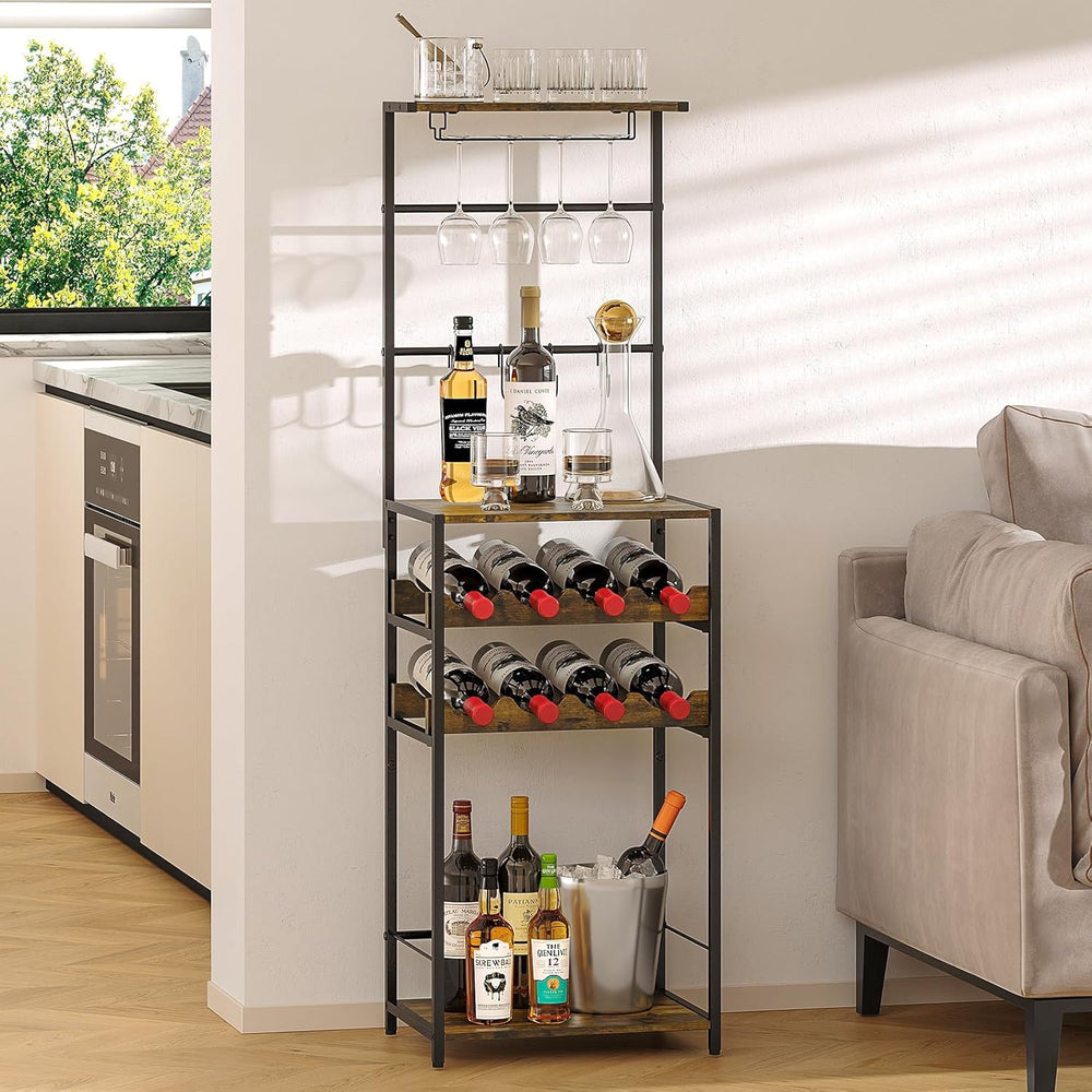 5-Tier Wine Rack Freestanding Floor, Liquor Bar Stand with Glasses Holder and...