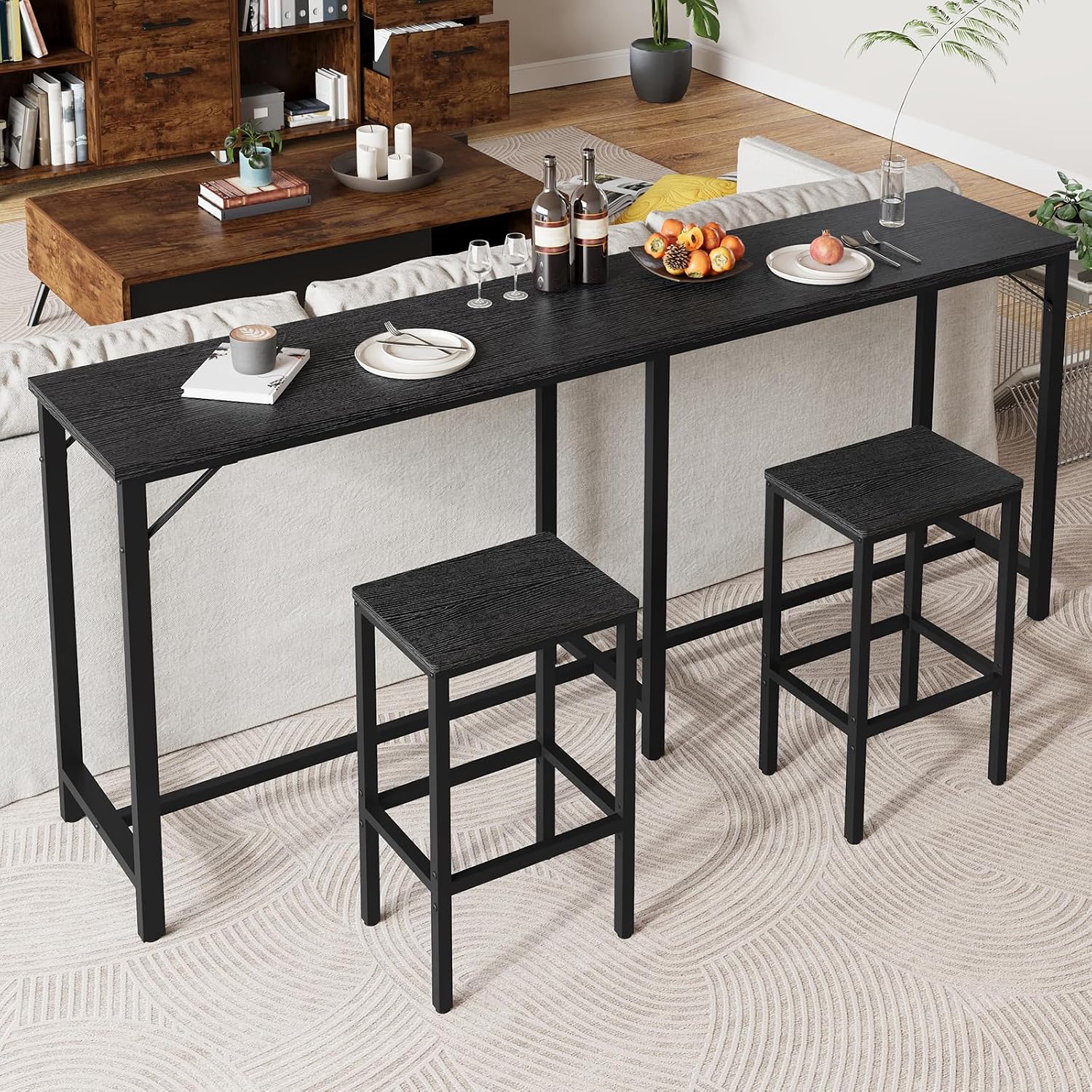 YATINEY 70.9" Bar Table and Chairs Set, Dining Table and Chair Sets, 3 Piece Counter Height Table and 2 Stools, Kitchen Table for Home Restaurant, Bar, Black BT09BB