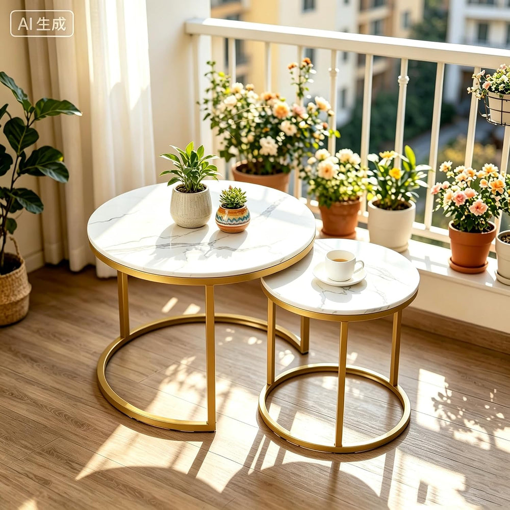 Round Coffee Table Set with Marble Pattern Top,Coffee Table and End Table Set...