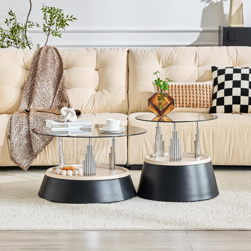 Nesting Coffee Table Set of 2, Modern Round Tempered Glass Center Table | Mod...