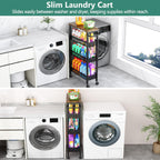 Utility Slim Storage Cart with Wheels, 4 Tier Small Rolling Cart with Wood Top, Metal Kitchen Bathroom Laundry Room Organization Trolley with Handle for Narrow Space – Black