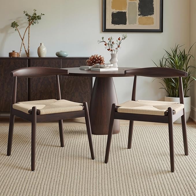 Farini Mid Century Modern Dining Chairs Set of 2, Solid Wood Frame Kitchen Chairs with Woven Upholstered Seat for Dining Room & Breakfast Nook,Latte-Beige