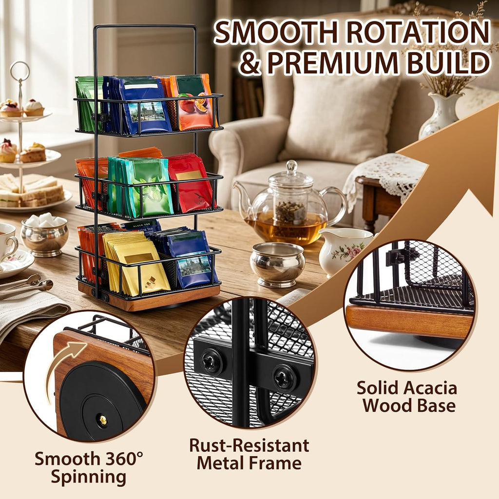 3 Tier Rotating Tea Bag Organizer, Iron and Acacia Wood 360°Spinning Carousel 150 Teabags Holder with Handle for Easy Moving, 12 Compartment Caddy for Pantry Kitchen Office Gift Giving(No Assembly)