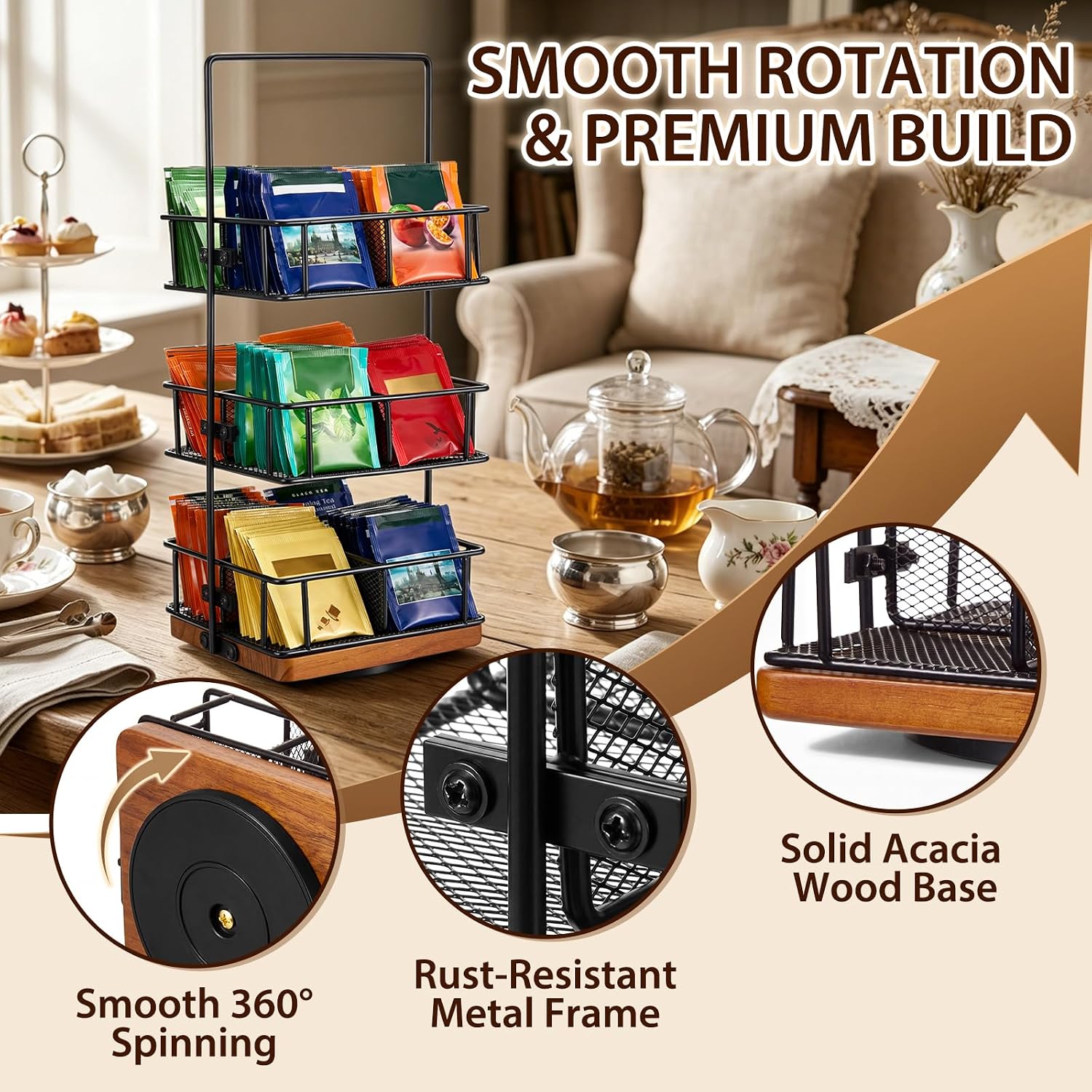 3 Tier Rotating Tea Bag Organizer, Iron and Acacia Wood 360°Spinning Carousel 150 Teabags Holder with Handle for Easy Moving, 12 Compartment Caddy for Pantry Kitchen Office Gift Giving(No Assembly)