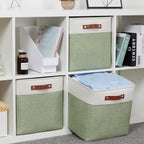 HNZIGE Foldable Storage Cubes & Baskets (3 Pack) - 13 Inch Storage Bin with Leather Handles for Toys, Clothes, Kids (White & Green)