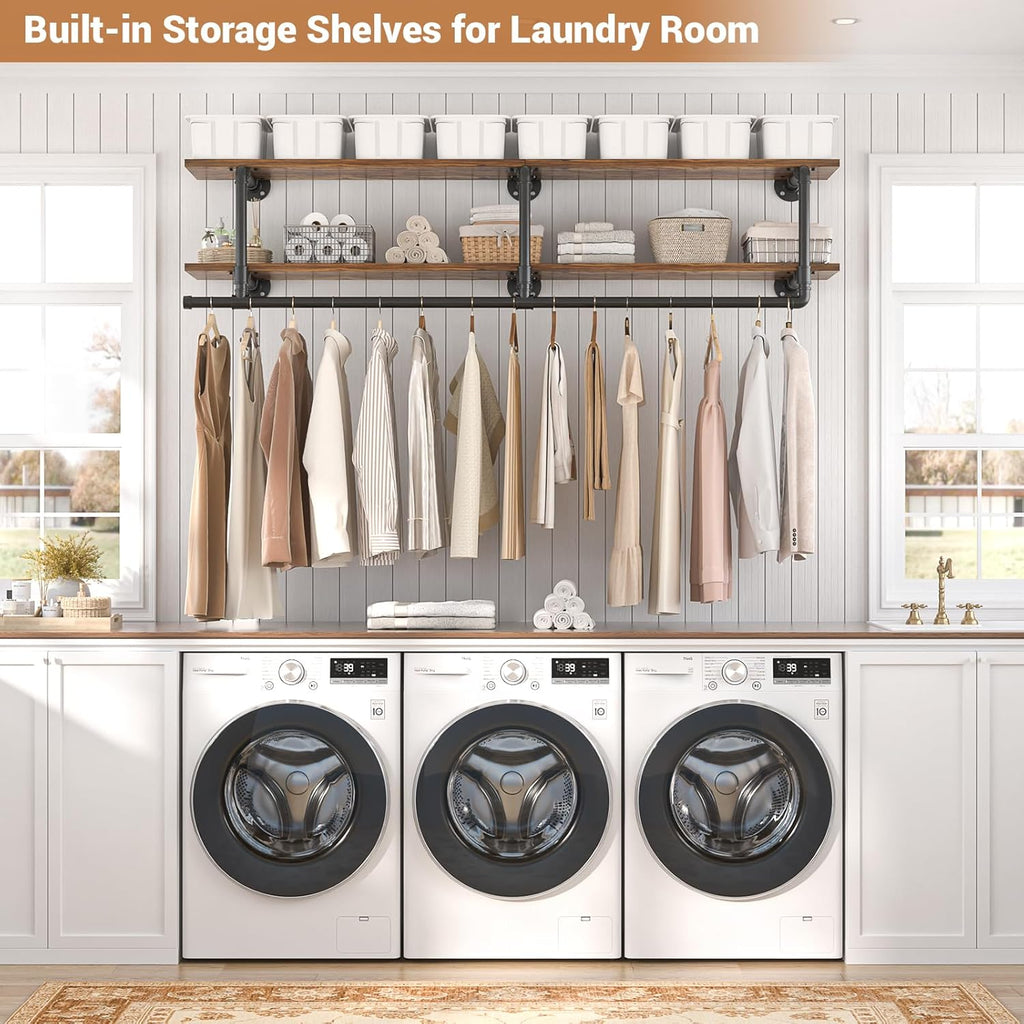 Aheaplus Industrial Pipe Clothes Rack with Top Shelf, 47In Space-Saving Wall Mounted Clothing Rack, 2 Tiers Heavy Duty Pipe Clothing Shelves with Hanging Rod for Laundry Room, Closet, Rustic Brown