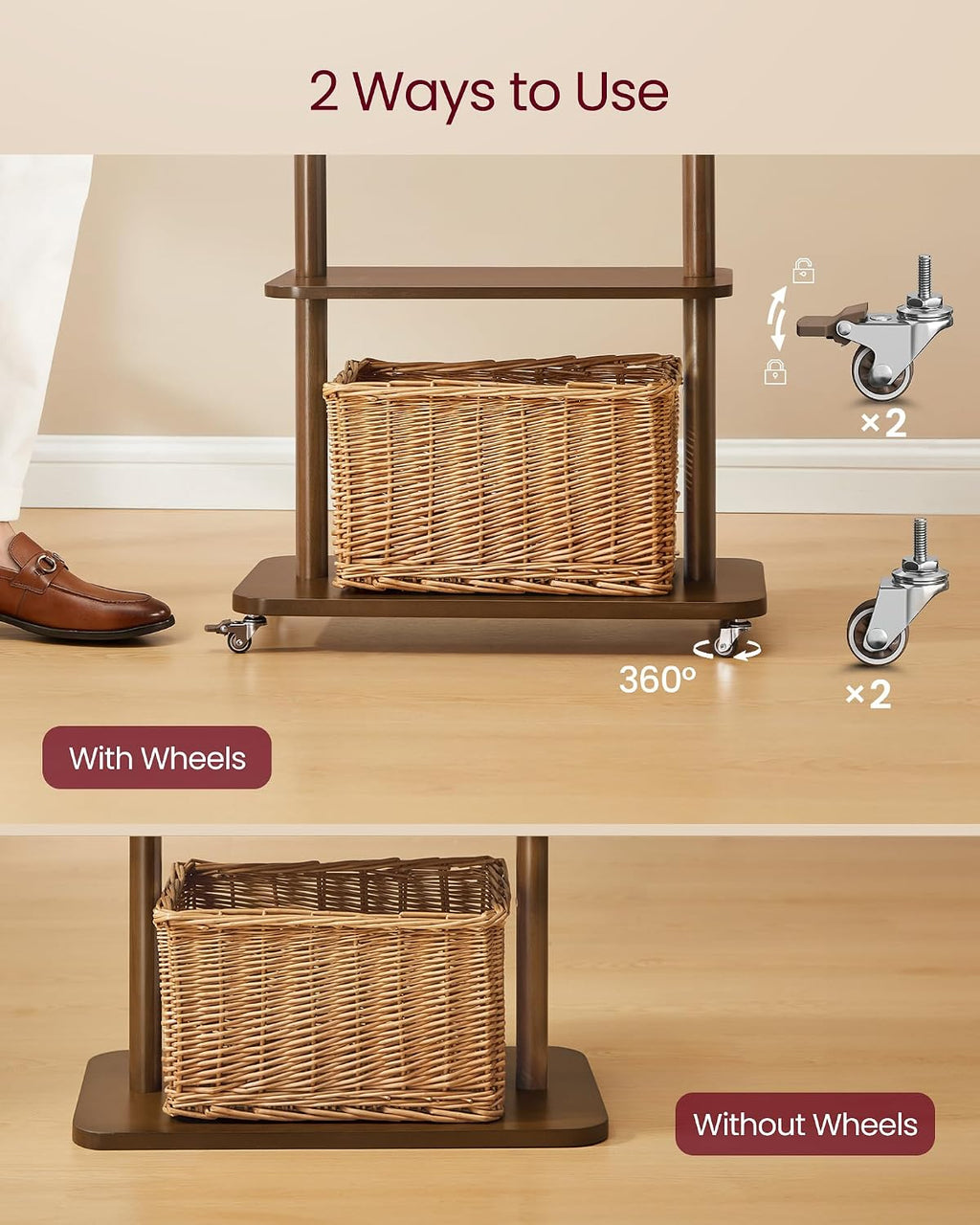 VASAGLE Freestanding Coat Rack Stand with 7 Hooks, 2 Shelves, 4 Removable 360° Swivel Wheels, Wooden Hooks and Pole, for Entryway, Bedroom, Living Room, Walnut Brown URCR053KJ01