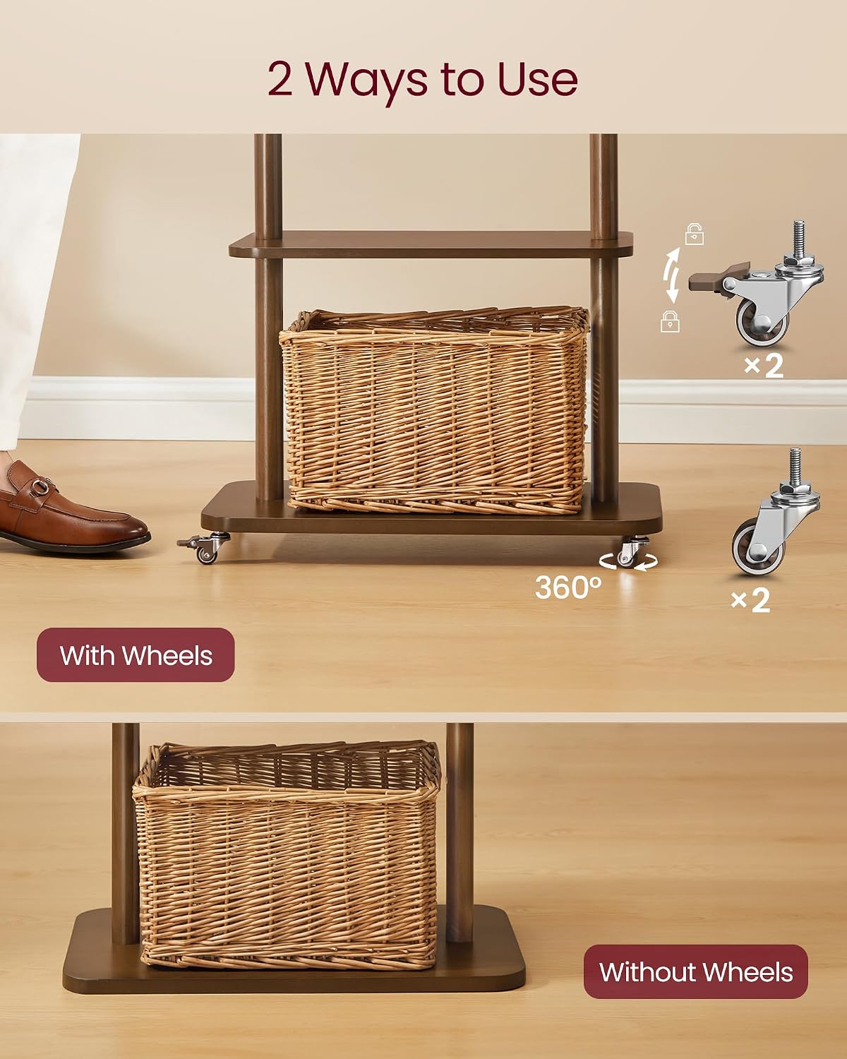 VASAGLE Freestanding Coat Rack Stand with 7 Hooks, 2 Shelves, 4 Removable 360° Swivel Wheels, Wooden Hooks and Pole, for Entryway, Bedroom, Living Room, Walnut Brown URCR053KJ01