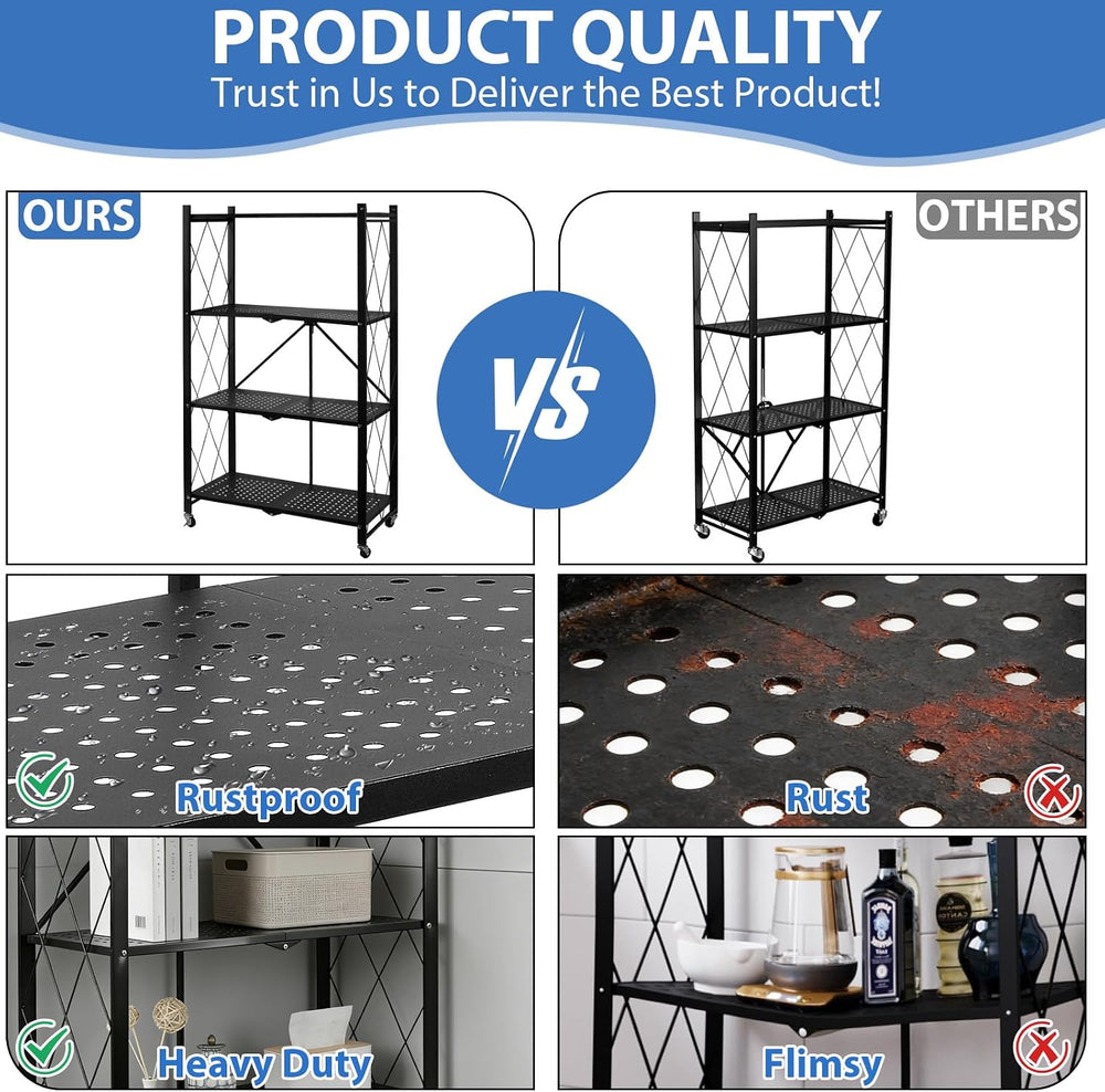 4-Tier Foldable Storage Shelf with Wheels, Metal Collapsible Shelving Unit, H...
