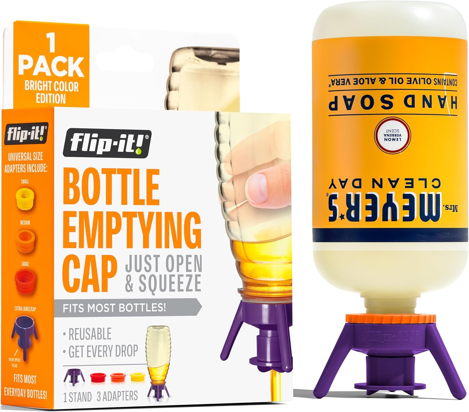 Flip-It! 1-Pack Bottle Emptying Kit – No More Wasted Product - Fits Most Plastic Bottles – Get Out Every Drop of Shampoos, Lotions, & More – 1 Base Cap, 3 Adapters – Bright Color Edition
