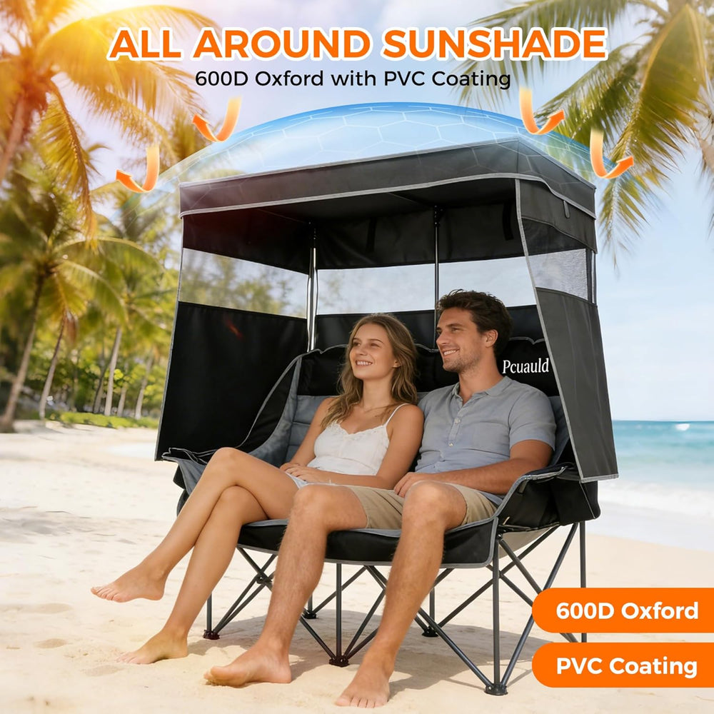 Double Camping Chair with Canopy Heavy Duty 2 Person Folding Loveseat Beach C...