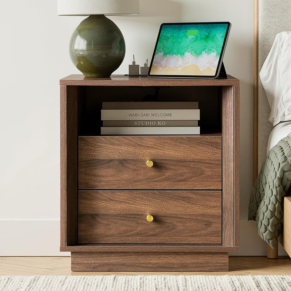 FORTUNETEC 19.6" Nightstand with Charging Station, Dark Walnut