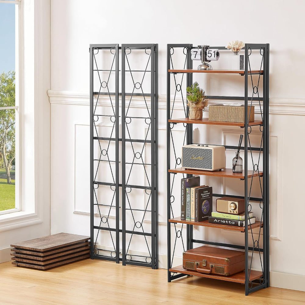 VECELO Folding Bookshelf,5 Tier Bookcase Foldable Easy Assembly, Industrial B...