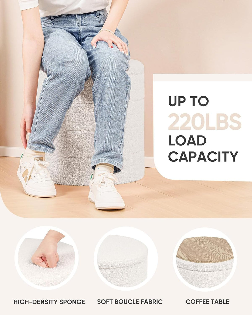 B FSOBEIIALEO Folding Storage Ottoman, Round Sherpa Ottomans, Cream White | 1...