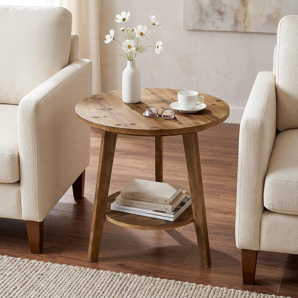 Tribesigns Solid Wood Round Side Table, 2-Tier Farmhouse End Table with Stora...