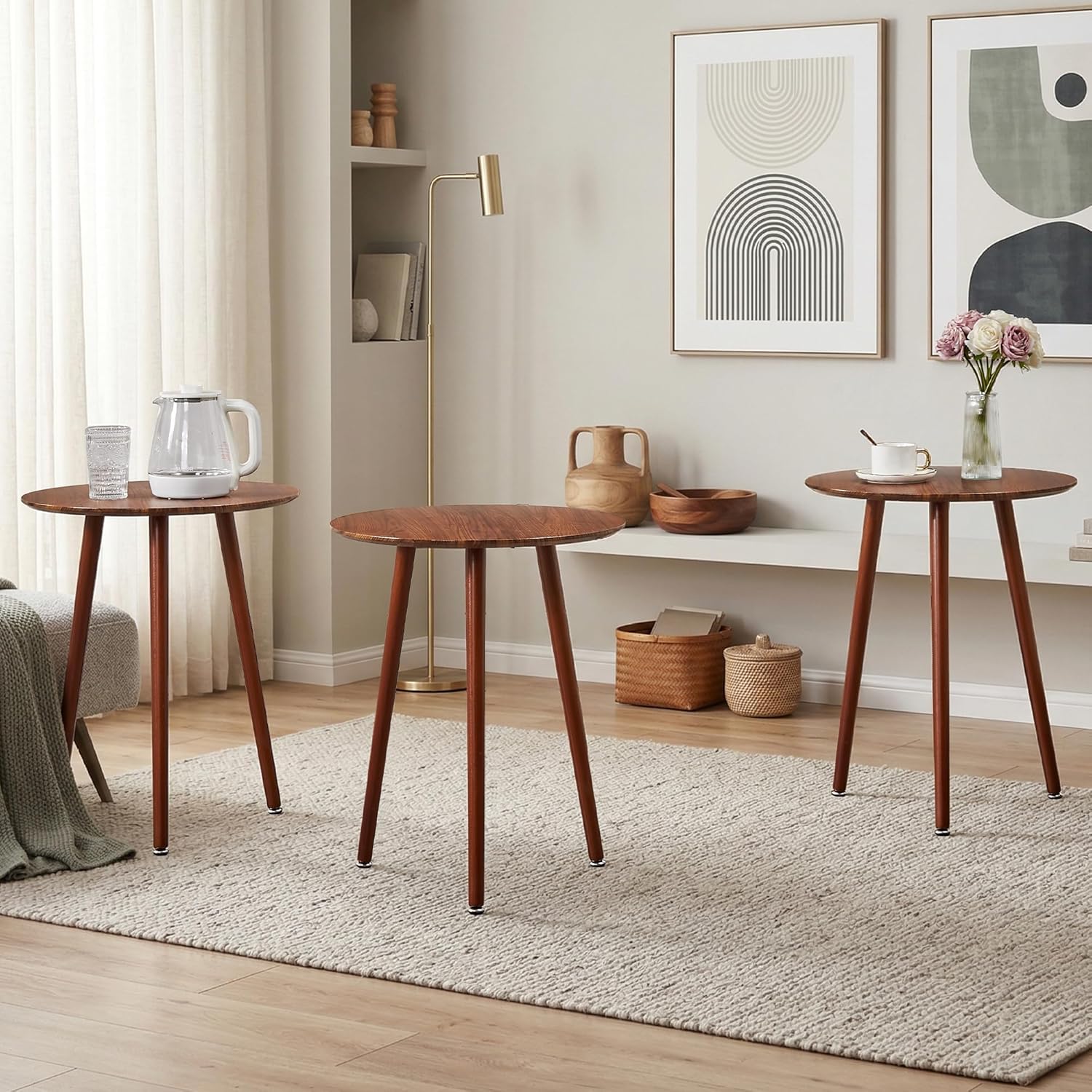 VECELO Round Side Table, Small End Table for Indoor Outdoor, Wooden Bedside Table with Non-Slip Foot Pads, 3-Legged Nightstand for Living Room Bedroom Bathroom, 20" x 20" x 23.8",Rustic Walnut