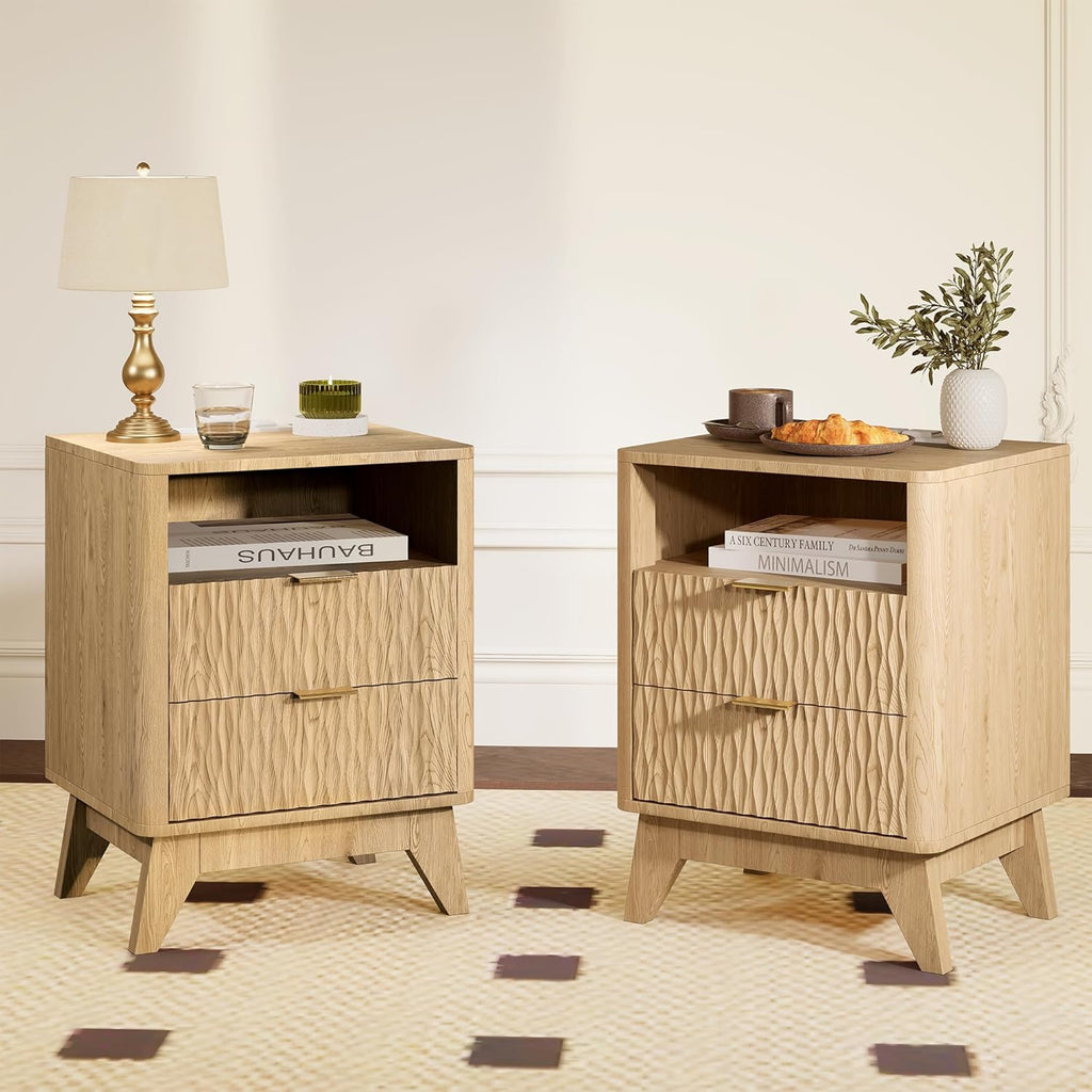 Fluted Nightstand with Charging Station, 18" Modern End Table with Storage Drawers, Bedside Table for Bedroom, Natural Oak(2 Piece)