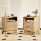 Fluted Nightstand with Charging Station, 18" Modern End Table with Storage Drawers, Bedside Table for Bedroom, Natural Oak(2 Piece)