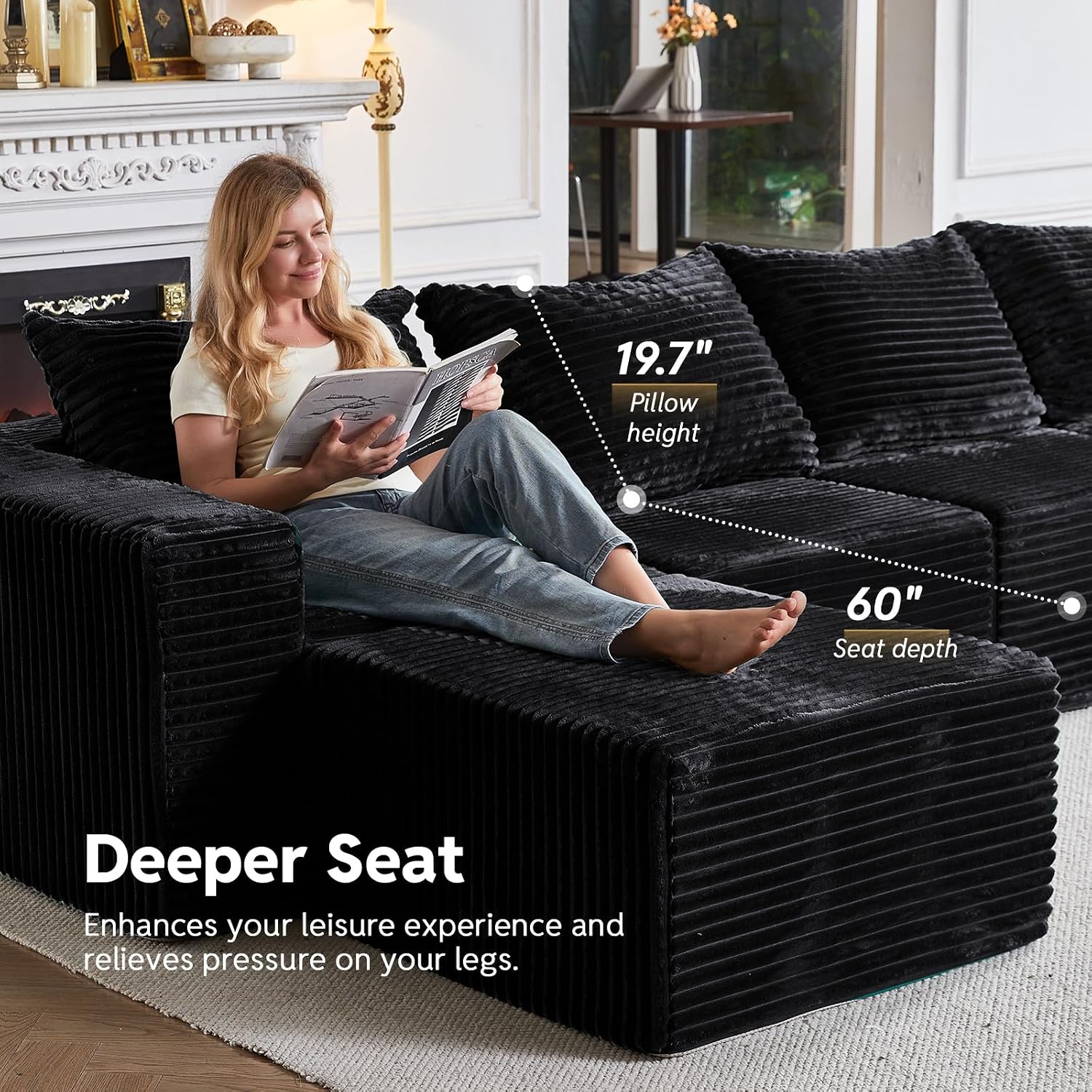 Sleeper Sofa 9 Seater Boneless Couch Modular Sectional Sofa | Cloud Couch Sectional Couches for Living Room, U Shaped Couches with Ottomans No Assembly Required, Black