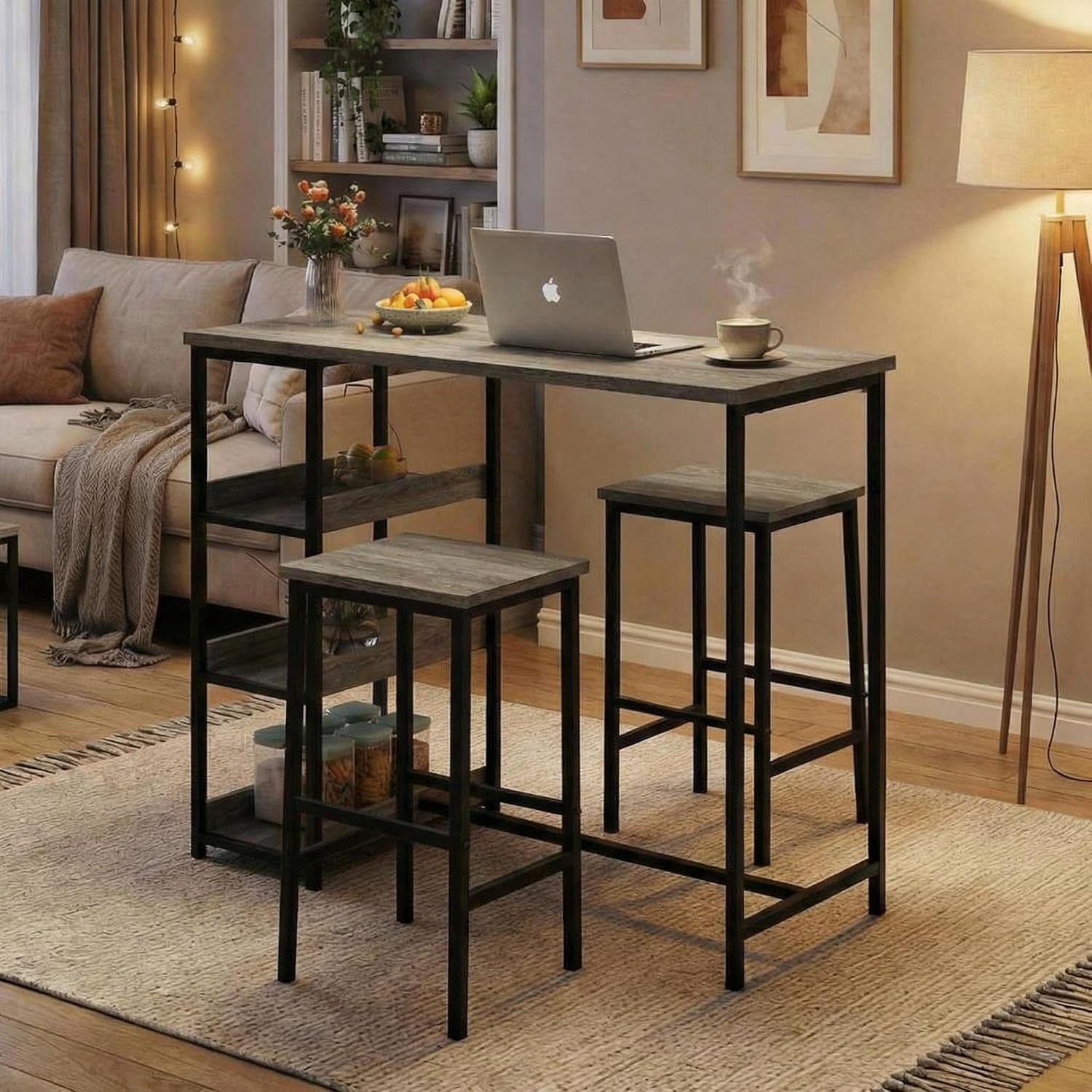 GarveeHome Dining Table Set for 2, Wood Table with Bar Stools | Kitchen Table with Storage Shelves for Small Spaces, Apartments, Condos, Grey