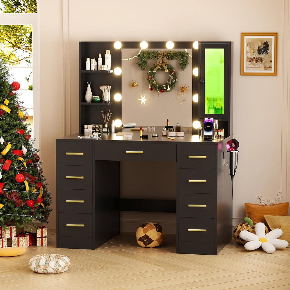 ERLEJIA Vanity Desk with Mirror and Lights, 43" Large Makeup Dressing Ta...