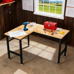Betterhood 48"/60" Heavy-Duty Adjustable Workbench for Garage, Rubber Wood Shop Table,Hardwood Workstation Weight Capacity Over 1500 Lbs (L Shape/Rubber Pad/Power Outlets/Ruler/57.1" x47.2)