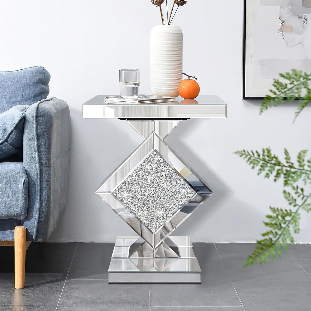 Crushed Diamond Mirrored End Table, Silver Side Accent Table, Small Mirrored ...