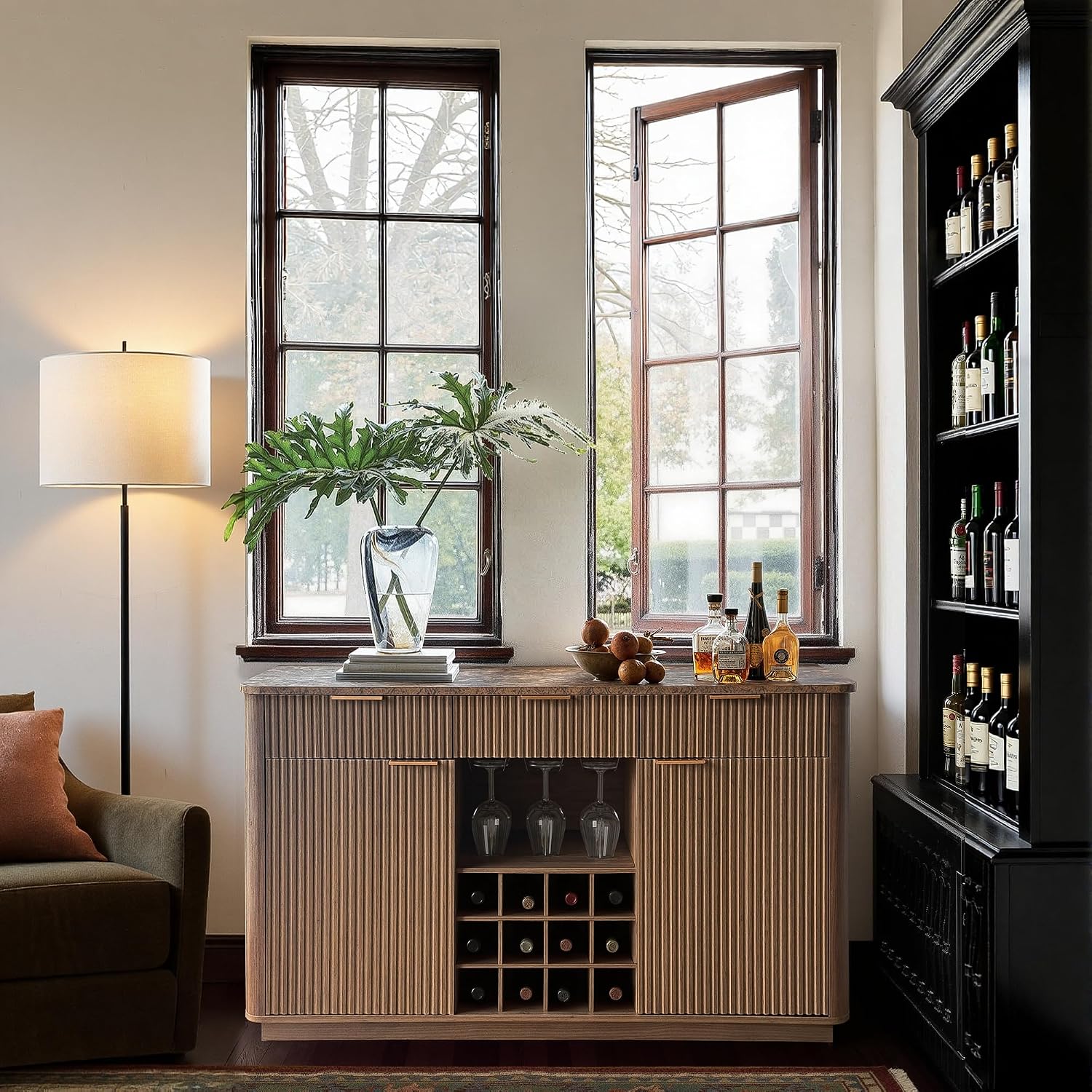 win2win 59" Fluted Wine Bar Cabinet, Mid-Century Modern Sideboard, Walnut | Home Bar with Faux Marble Top, 3 Spacious Drawers, 3 Stemware Racks, 12 Wine Racks, 2 Side Cabinets, Kitchen Dining Room