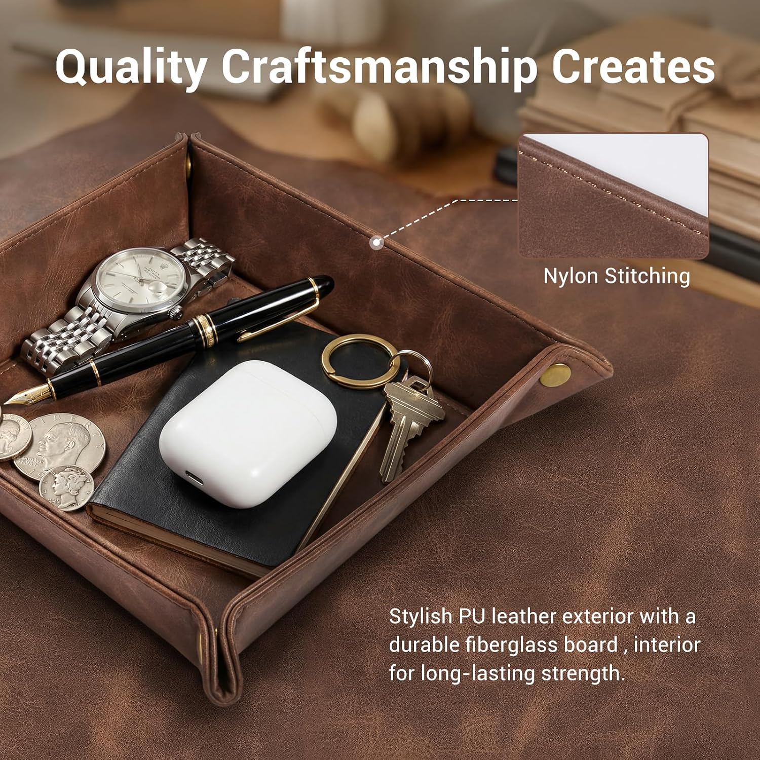 CoBak Leather Valet Tray, Premium PU Leather Catch-All Tray for Entryway Table Key, Phone, Wallet, Coins & Jewelry, Bedside Nightstand Desk-top Catchall (Brown)
