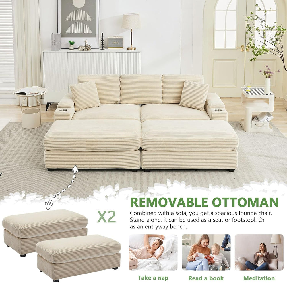 Oversized Corduroy Double Chaise Lounge Chair Indoor with Storage and Ottoman...