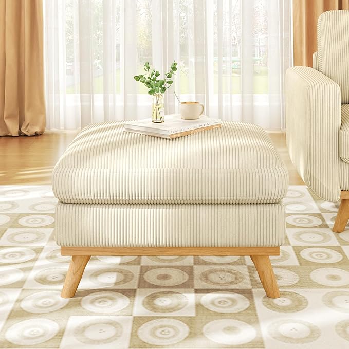 Vesgantti Large Ottoman for Modular Sofa, 29.5" Corduroy Pouf Ottoman with Spring Cushion, Rectangle Foot Rest for Couch, Entrance Footstool with Wood Legs, Footstool for Living Room, Bedroom, Beige