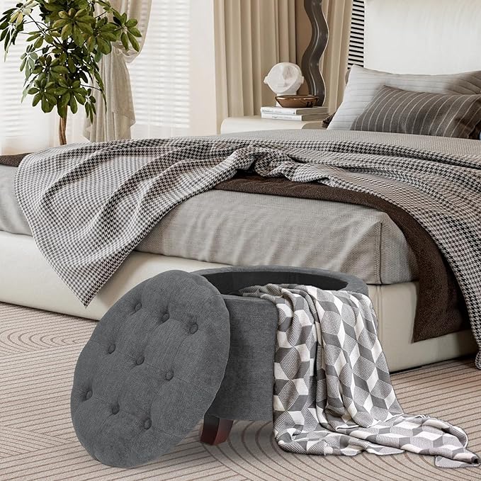 Athena Collection 20 Inch Small Ottoman with Storage, Round Linen Fabric Storage Ottoman with Removable Lid, Stylish Footstool Foot Rest for Living Room, Bedroom, Dorm, Dark Grey