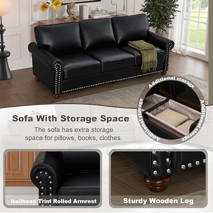 Faux Leather Sofa,82" W Mid Century Modern Couch with Storage Place,Over...