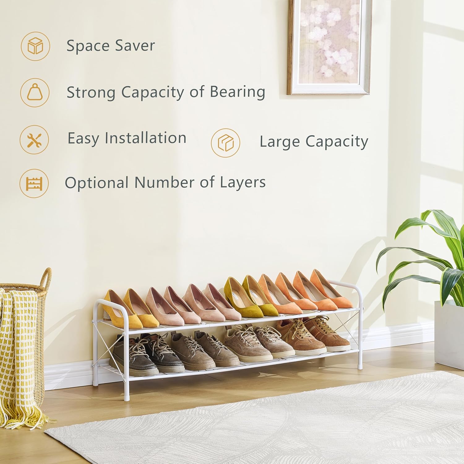 Hoctieon 2 Tier Shoe Rack for Closet, Durable Mesh Style Shoe Rack, Entryway Shoe Shelf, Shoe Storage Organizer for Hallway, Bedroom, Living Room, Wardrobe, White