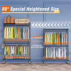Homdox Rolling Garment Rack with Double Rod, Heavy Duty Clothing Rack with Shelves, Portable Clothes Rack, Free Standing Wardrobe Rack, with Lockable Wheels & Hanging Hooks, Max Load 450 LBS, Black