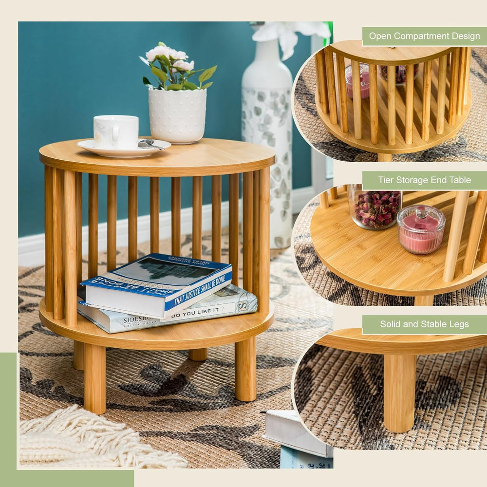 MFSTUDIO Bamboo Nightstand End Table Set of 2, Round 15.7" Bedside Table...